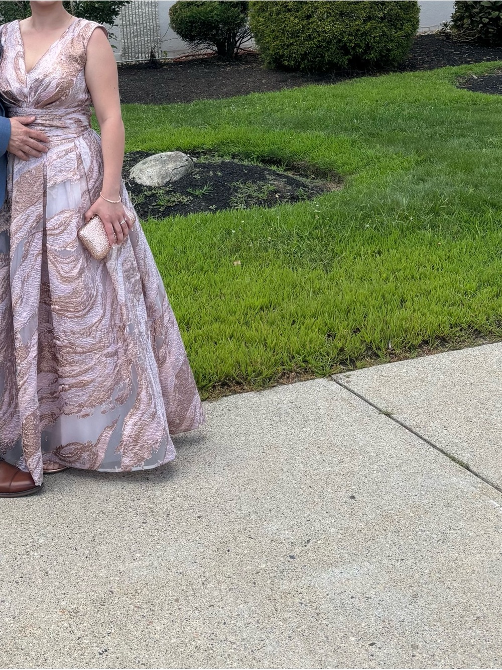 Tadashi Shoji Rose Gold Metallic V-Neck Prom Gown